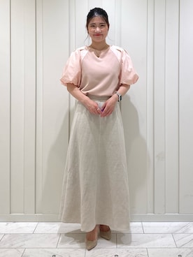 「INDIVI（インディヴィ）の【日本製】リネンマキシスカート（Skirt、ベージュ系）」を使った、YUMEさん（レディース・158cm）の夏コーディネート