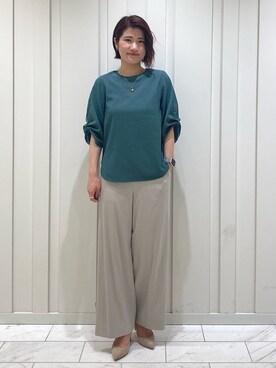 「INDIVI（インディヴィ）の【洗える/袖コンシャス】スリーブデザイントップス（T Shirts、グリーン系）」を使った、YUMEさん（レディース・158cm）の夏コーディネート