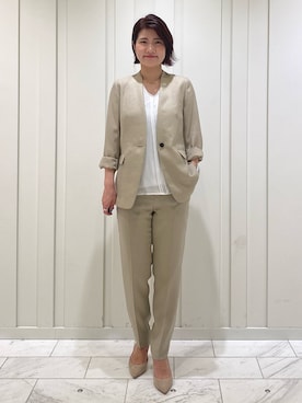 「INDIVI（インディヴィ）の【SETUP可能/洗える/日本製】麻調ノーカーラージャケット（Collarless jacket、ベージュ系）」を使った、YUMEさん（レディース・158cm）の春コーディネート