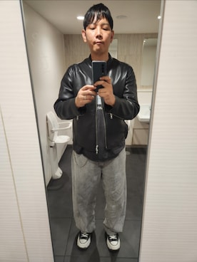 「アイテム（ライダースジャケット）」を使った、shinn_akkunnさん（メンズ・180cm）の秋コーディネート