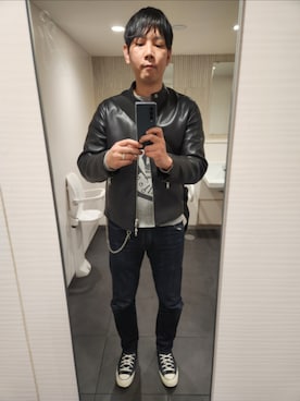 「SHIPS（シップス）のSHIPS: ラムレザー シングル ライダース ジャケット（ライダースジャケット、ブラック系）」を使った、shinn_akkunnさん（メンズ・180cm）の春コーディネート