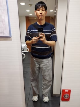 「TAKEO KIKUCHI（タケオキクチ）の◆【ニットTシャツ】麻ブレンド パネルボーダー（ニット/セーター、ブルー系）」を使った、shinn_akkunnさん（メンズ・180cm）の春コーディネート