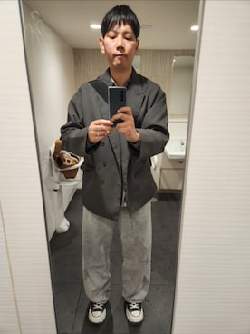 「WYM LIDNM（ウィム バイ リドム）のHIGH TWISTED GABA W JACKET（テーラードジャケット、ブラウン系）」を使った、shinn_akkunnさん（メンズ・180cm）の春コーディネート