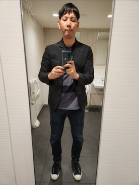 「BEAMS（ビームス）のアイテム（テーラードジャケット、ブラック系）」を使った、shinn_akkunnさん（メンズ・180cm）の春コーディネート