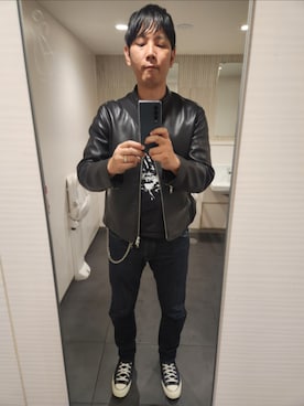 「アイテム（ライダースジャケット）」を使った、shinn_akkunnさん（メンズ・180cm）の秋コーディネート