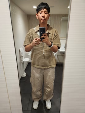 「WYM LIDNM（ウィム バイ リドム）のTUCK SKIPPER KNIT POLO（ポロシャツ、グリーン系）」を使った、shinn_akkunnさん（メンズ・180cm）の夏コーディネート