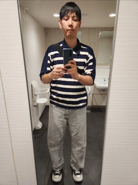「GU by rokh のアイテム（ポロシャツ、ブルー系）」を使った、shinn_akkunnさん（メンズ・180cm）の春コーディネート