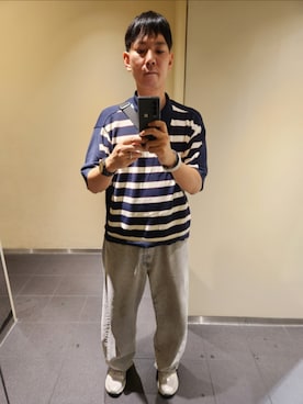 「GU by rokhのアイテム（ポロシャツ、ブルー系）」を使った、shinn_akkunnさん（メンズ・180cm）の秋コーディネート