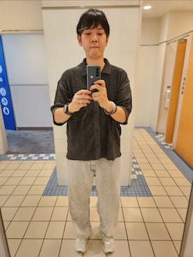 「WYM LIDNM（ウィム バイ リドム）のJACQUARD MESH KNIT SHIRT（シャツ/ブラウス、グレー系）」を使った、shinn_akkunnさん（メンズ・180cm）の秋コーディネート