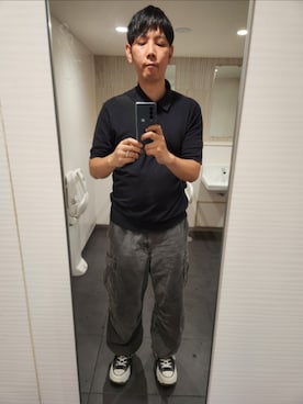 「UNIQLO（ユニクロ）のアイテム（ポロシャツ、ブラック系）」を使った、shinn_akkunnさん（メンズ・180cm）の夏コーディネート