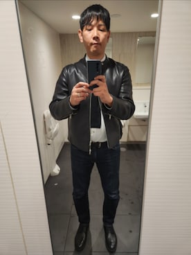 「SHIPS（シップス）のSHIPS: ラムレザー シングル ライダース ジャケット（ライダースジャケット、ブラック系）」を使った、shinn_akkunnさん（メンズ・180cm）の春コーディネート