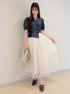 「MERCURYDUO（マーキュリーデュオ）のジャケットドッキングワンピース（ワンピース、ブルー系）」を使った、ayamoさん（レディース・165cm）の春コーディネート