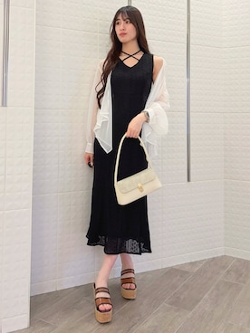 「MERCURYDUO（マーキュリーデュオ）のカットレースブロッキングマーメイドワンピース（ワンピース、ブラック系）」を使った、ayamoさん（レディース・165cm）の春コーディネート