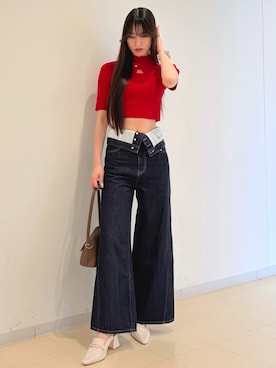 「MERCURYDUO（マーキュリーデュオ）の【EMILY IN PARISコラボ】2WAYハイウエストワイドデニムパンツ（その他パンツ、ブルー系）」を使った、ayamoさん（レディース・165cm）の春コーディネート
