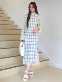 MERCURYDUO シアーチェックシャーリングマーメイドワンピース ブラック セール】シアーチェックマーメイドレースアップスカート