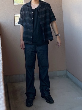 「LIDNM（リドム）のLi/Cu Dobby S/S Shirt （シャツ/ブラウス、ブラック系）」を使った、つきさん（メンズ・164cm）の夏コーディネート