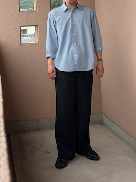 「WYM LIDNM（ウィム バイ リドム）のMICRO SPAN BASIC SHIRT（シャツ/ブラウス、ブルー系）」を使った、つきさん（メンズ・164cm）の春コーディネート