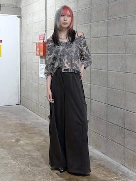 「PAGEBOY（ページボーイ）のモードバックルベルト3（ベルト、ブラック系）」を使った、あちさん（レディース・168cm）の夏コーディネート