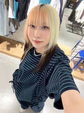 「PBLIM（ページボーイリム）の《UNISEX》レイヤードボーダーT 取り外し可能 / 2WAY（Tシャツ/カットソー、ブルー系）」を使った、あちさん（レディース・168cm）の夏コーディネート