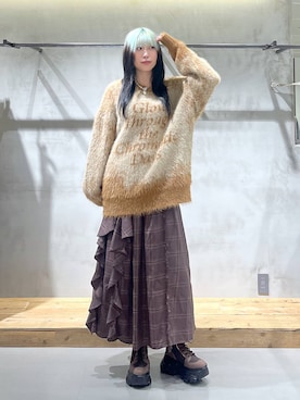 「PAGEBOY（ページボーイ）のラインフリンジティアードスカート/フリルスカート【ウエストゴム・ストレスフリー】（スカート）」を使った、あちさん（レディース・168cm）の秋コーディネート