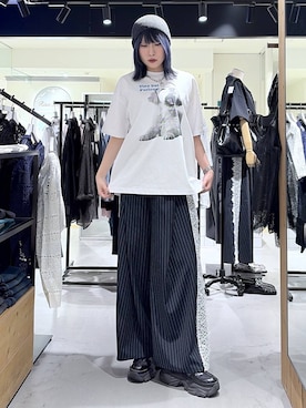 「PBLIM（ページボーイリム）の《UNISEX》シャウトアニマルT（T恤、ホワイト系）」を使った、あちさん（レディース・168cm）の夏コーディネート