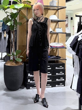 「PAGEBOY（ページボーイ）のハトメミュールサンダル（サンダル、ブラック系）」を使った、あちさん（レディース・168cm）の夏コーディネート