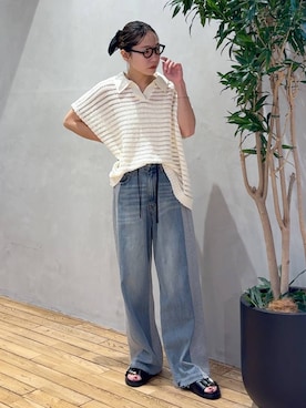 「JEANASIS（ジーナシス）のスウェットコンビデニムパンツ/645263（デニムパンツ、ブルー系）」を使った、bychiiiiiidaさん（レディース・161cm）の夏コーディネート