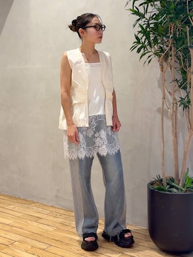 「JEANASIS（ジーナシス）のスウェットコンビデニムパンツ/645263（デニムパンツ、ブルー系）」を使った、bychiiiiiidaさん（レディース・161cm）の夏コーディネート