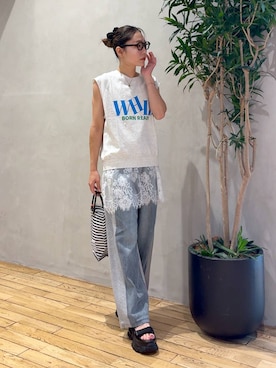 「JEANASIS（ジーナシス）のレトロカラーロゴプリントNS/1051158（Tシャツ/カットソー、グレー系）」を使った、bychiiiiiidaさん（レディース・161cm）の夏コーディネート