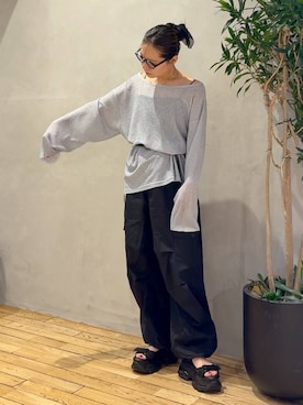 「JEANASIS（ジーナシス）のシアーワッフルドロストプルオバーLS/1067550（Tシャツ/カットソー、グレー系）」を使った、bychiiiiiidaさん（レディース・161cm）の夏コーディネート