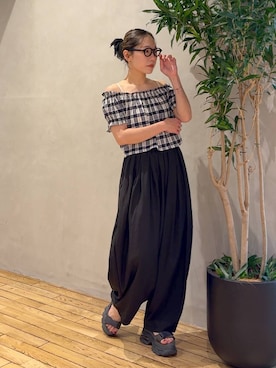 「eL（エル）の【eL】Made in India Gingham Check Blouse/660788（シャツ/ブラウス、ブルー系）」を使った、bychiiiiiidaさん（レディース・161cm）の夏コーディネート