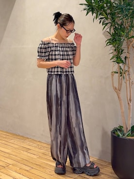 「eL（エル）の【eL】Made in India Gingham Check Blouse/660788（シャツ/ブラウス、ブルー系）」を使った、bychiiiiiidaさん（レディース・161cm）の夏コーディネート