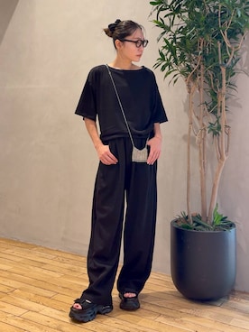 「JEANASIS（ジーナシス）のアソートリンガーボートネックTEE SS/1051164（Tシャツ/カットソー、ブラック系）」を使った、bychiiiiiidaさん（レディース・161cm）の夏コーディネート
