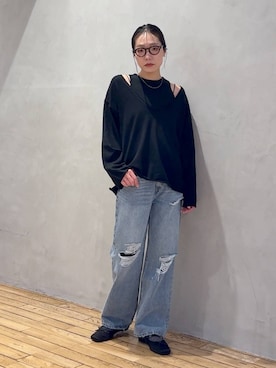 「JEANASIS（ジーナシス）のデニムワイドストレートパンツ/1043298（デニムパンツ、ブルー系）」を使った、bychiiiiiidaさん（レディース・161cm）の秋コーディネート