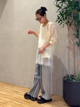 「JEANASIS（ジーナシス）のオープンカラーシアーシャツLS/1051140（シャツ/ブラウス、ホワイト系）」を使った、bychiiiiiidaさん（レディース・161cm）の夏コーディネート