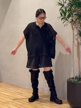 「JEANASIS（ジーナシス）のインディゴスウェットショートパンツ/1044437（スウェットパンツ、ブラック系）」を使った、bychiiiiiidaさん（レディース・161cm）の夏コーディネート