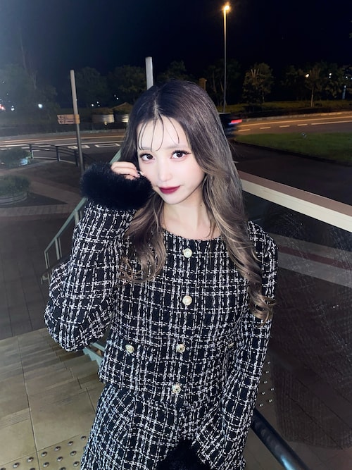 袖口エコファーツイードジャケット(セットアップ対応)（ノーカラー