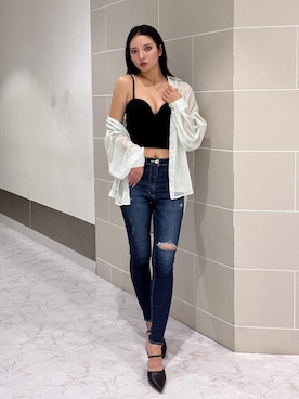 「GYDA（ジェイダ）のショルダーストラップリブベアビスチェ（キャミソール、ブラック系）」を使った、YUKIさん（レディース・164cm）の春コーディネート