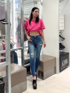 「GYDA（ジェイダ）のBASICチャンキーサンダル（サンダル、ブラック系）」を使った、YUKIさん（レディース・164cm）の夏コーディネート