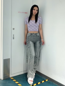 「GYDA（ジェイダ）のGG jacquardラメニットトップス（Tシャツ/カットソー、パープル系）」を使った、YUKIさん（レディース・164cm）の春コーディネート