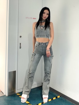 「GYDA（ジェイダ）のGG bijou MOLDチョーカーデニムショートTOPS（タンクトップ、ブルー系）」を使った、YUKIさん（レディース・164cm）の春コーディネート