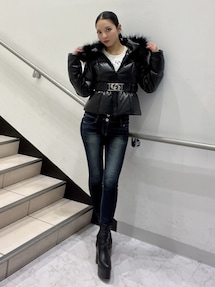 GDベルト付きフェイクレザーショートダウンコート GYDA】GDベルト付きフェイクレザーショートダウンコートレディース