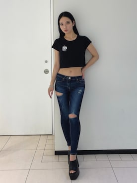 「GYDA（ジェイダ）のGEMIBUNNYショートTシャツ（Tシャツ/カットソー、ブラック系）」を使った、YUKIさん（レディース・164cm）の春コーディネート