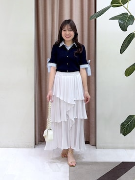 「La boutique BonBon（ラブティックボンボン）の【接触冷感・最強愛され】クールタッチUVシャツドッキングニット（ニット/セーター、ブルー系）」を使った、minamiさん（レディース・157cm）の春コーディネート