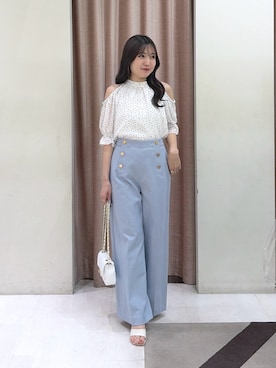 「La boutique BonBon（ラブティックボンボン）の【お上品ホルターネック】ドットホルターネックオープンショルダーブラウス（シャツ/ブラウス、ホワイト系）」を使った、minamiさん（レディース・157cm）の春コーディネート