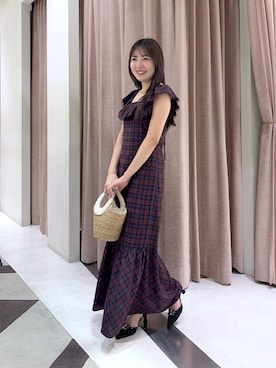 「La boutique BonBon（ラブティックボンボン）の【大人ガーリー】チェックレーストリムワンピース（ワンピース、レッド系）」を使った、minamiさん（レディース・157cm）の夏コーディネート