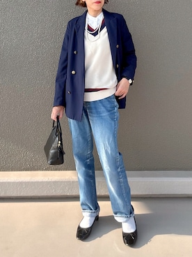 「アイテム（テーラードジャケット、ブルー系）」を使った、Leecoさん（レディース・164cm）の秋コーディネート