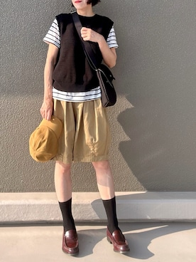 「HARVESTY（ハーベスティ）のHARVESTY / ハーベスティ CHINO CIRCUS SHORTSチノサーカスショーツ(ユニセックス)（チノパンツ）」を使った、Leecoさん（レディース・164cm）の夏コーディネート