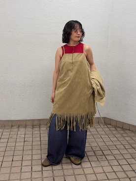 「KBF（ケイビーエフ）のピーチスキンフリンジキャミワンピース（ワンピース、ベージュ系）」を使った、タカタニさん（レディース・149cm）の夏コーディネート