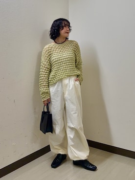 「KBF（ケイビーエフ）のクロシェルーズニット（ニット/セーター、グリーン系）」を使った、タカタニさん（レディース・149cm）の春コーディネート